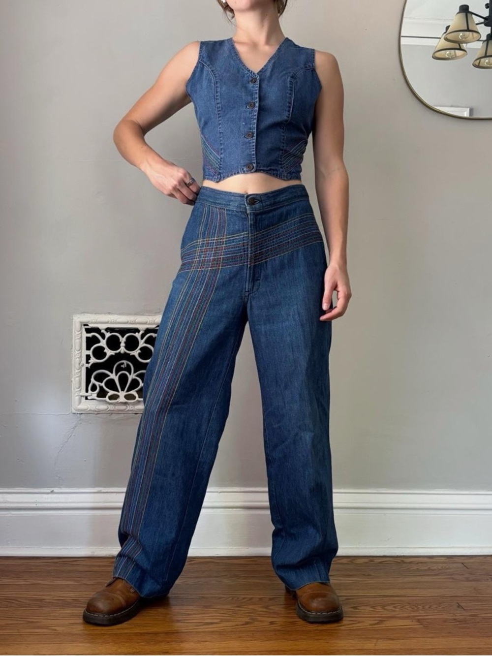 Vintage 70s Miss H.I.S. Retro rainbow embroidered denim vest + wide leg pant set - Picture 5 of 8